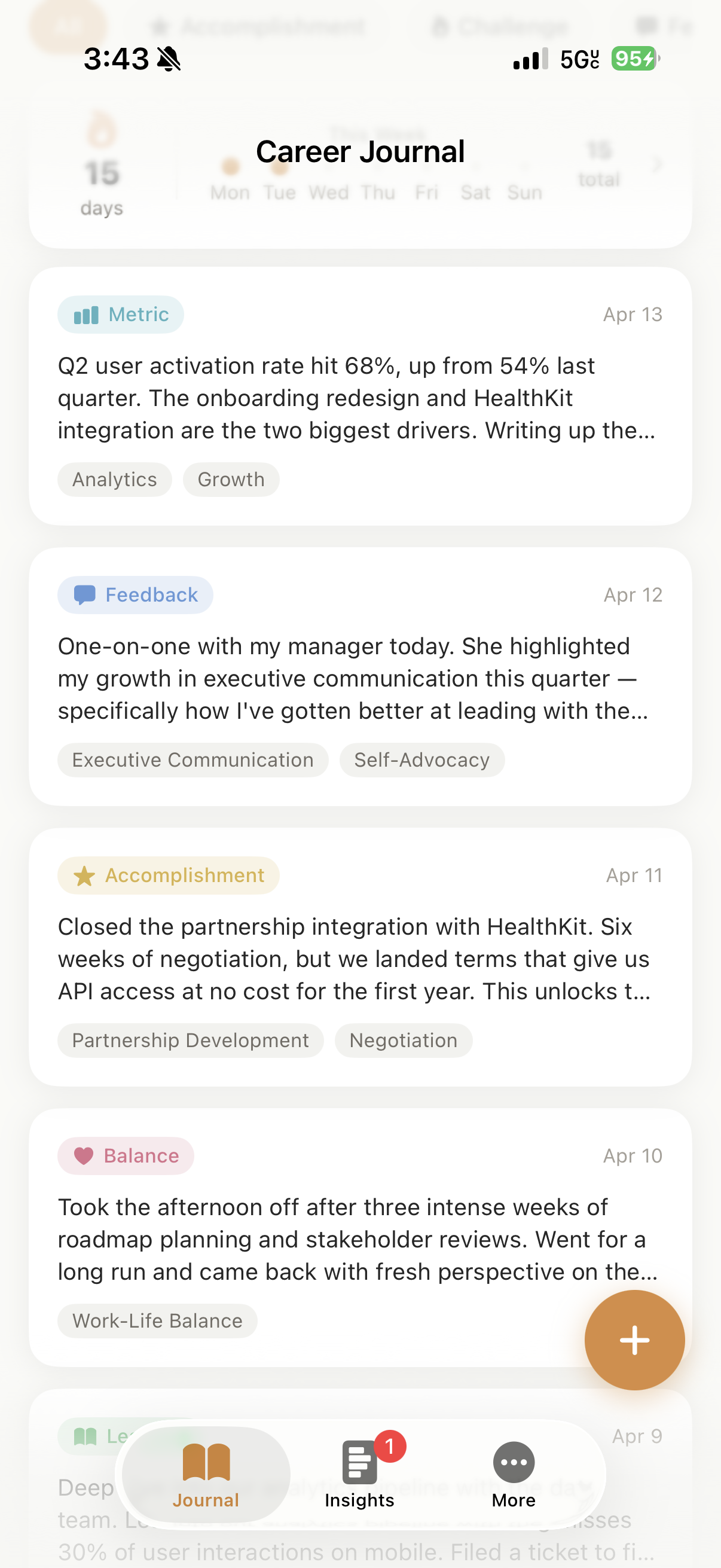 Bloomly Career Journal feed showing tagged entries